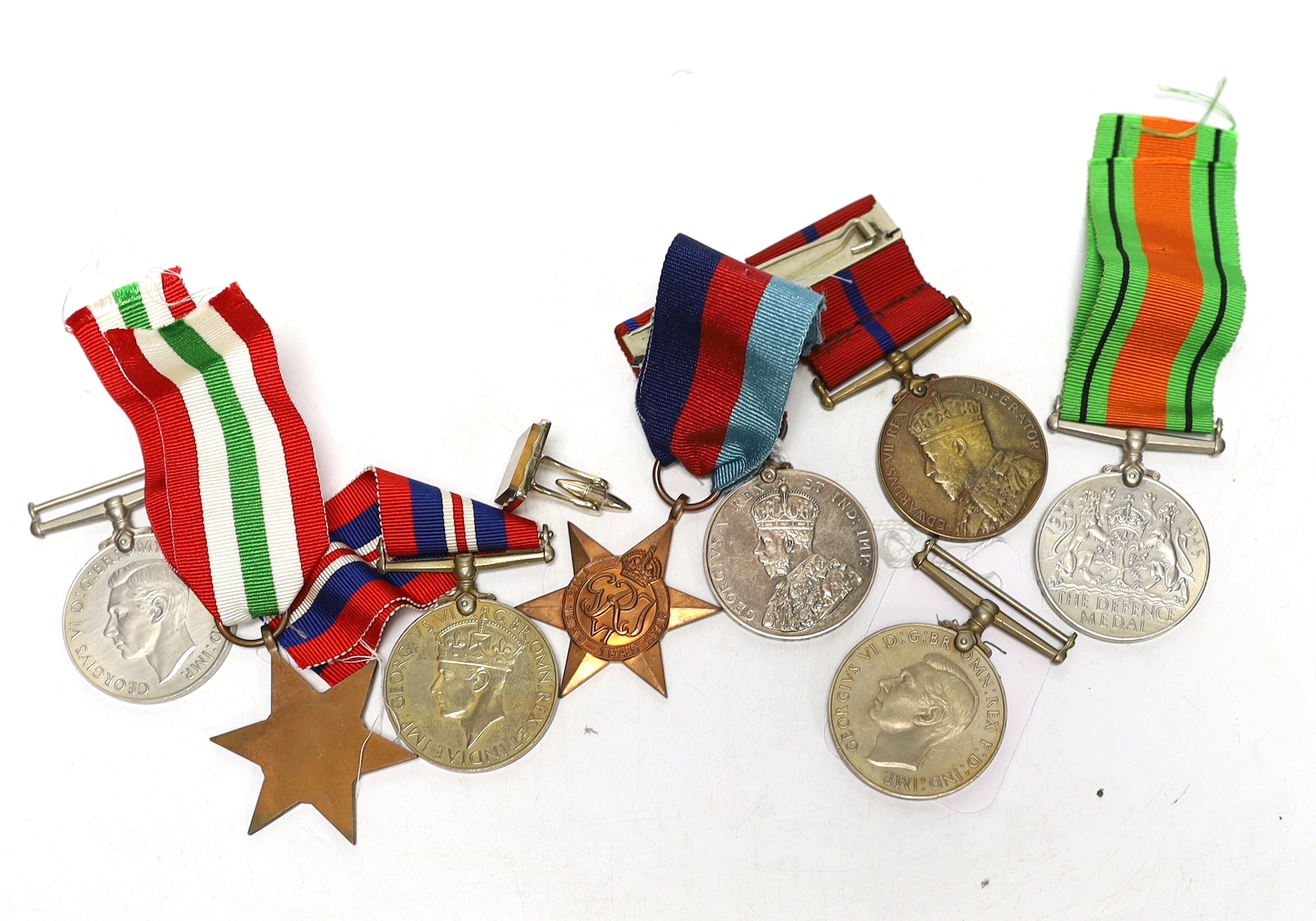 Group of assorted medals including; a pair of Metropolitan Police Coronation medals for 1902 and 1911 to P.S. A. Grunsell P. Div., together with six WWII medals; three Defence Medals, a War Medal, a 1939-45 Star and an I